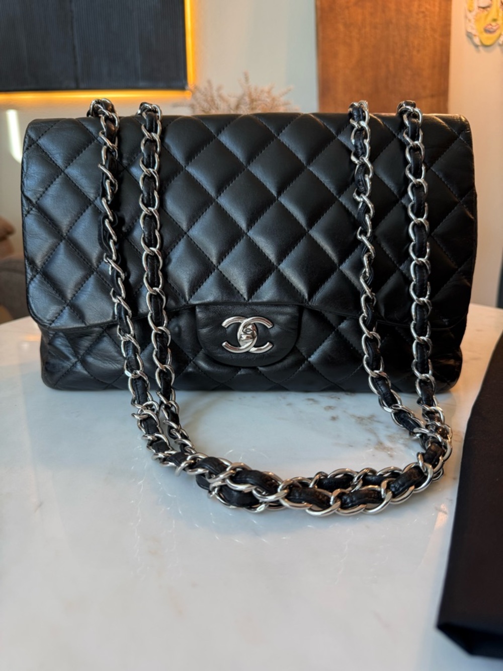 CHANEL classic single flap lambskin Black Quilted Bag with Silver Chain jumbo